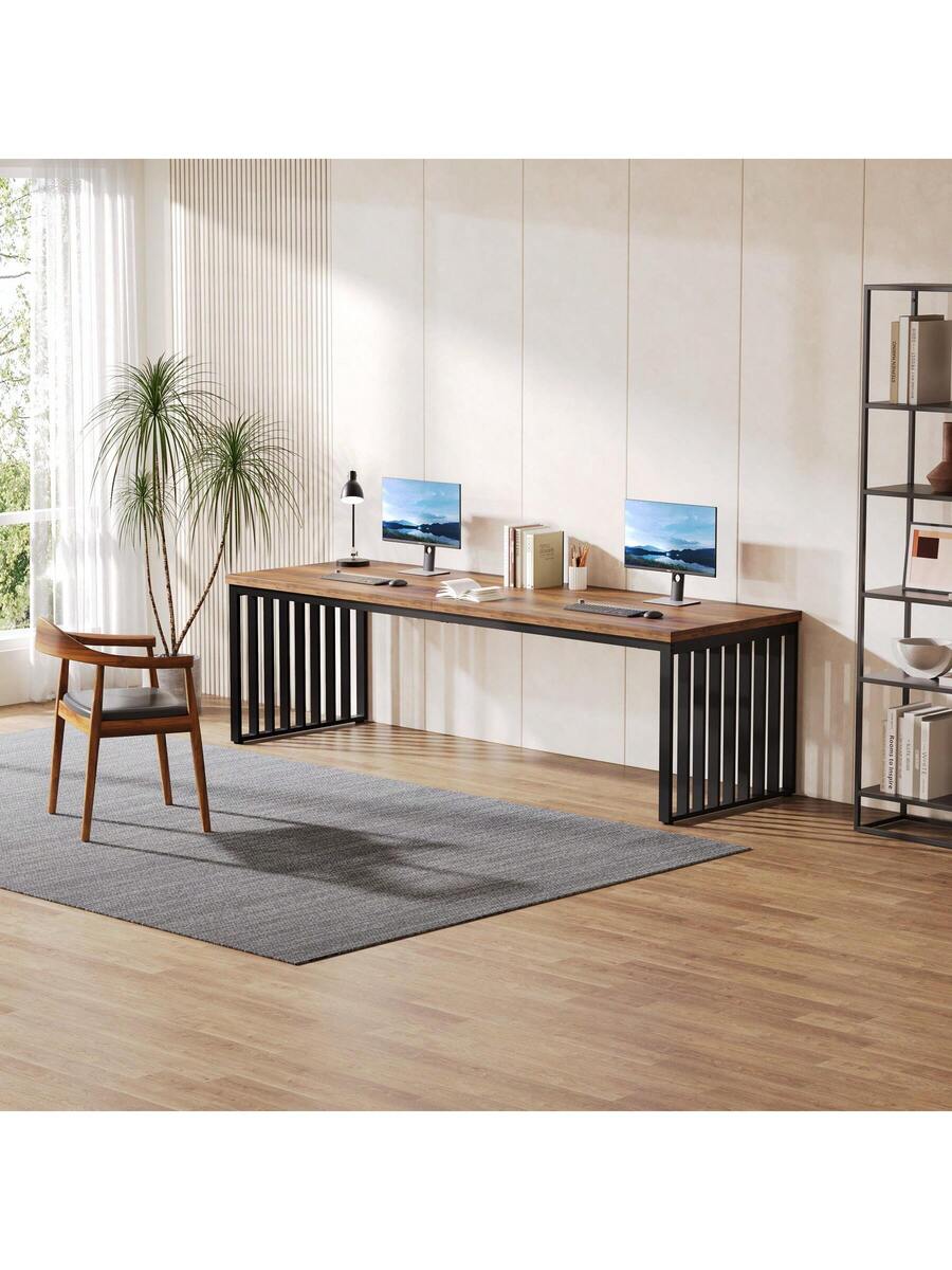 Tribesigns 78.74" Extra Long Computer Desk 2 Person Desk, Double Long Desk With Heavy Duty Metal Frame, Double Workstation Study Desk For Home Office, Brown (Without Chair)