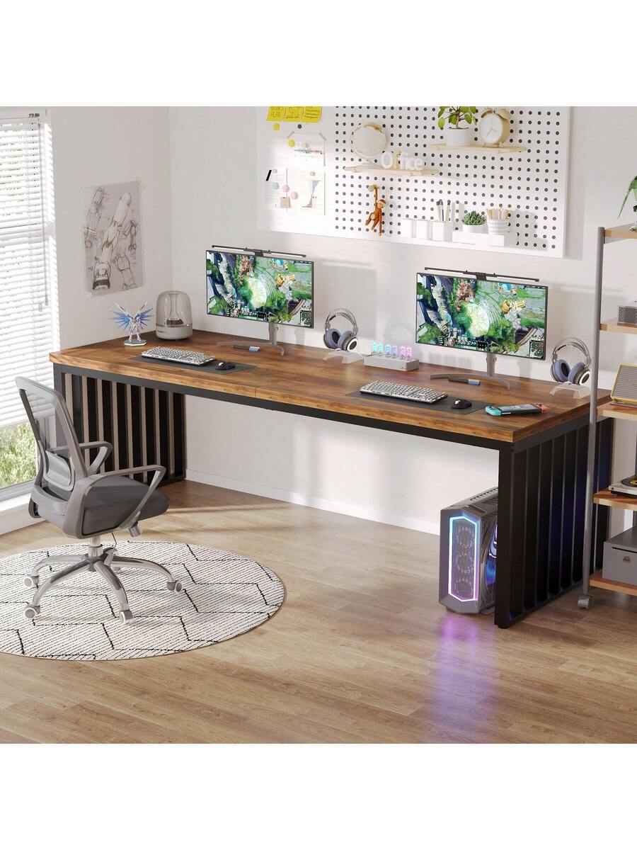 Tribesigns 78.74" Extra Long Computer Desk 2 Person Desk, Double Long Desk With Heavy Duty Metal Frame, Double Workstation Study Desk For Home Office, Brown (Without Chair)