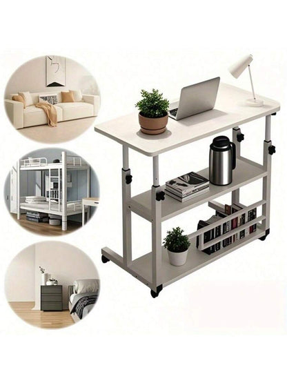 White/Multifunctional Desk On Wheels - Height-Adjustable Rolling Desk With Storage Shelves, Space-Saving Wood And Metal Frame, Compact Fiberboard Desktop For Home Office, Bedroom, Living Room, Sofa, Study