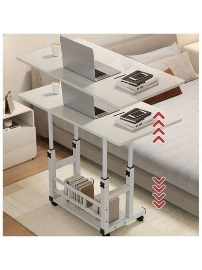 White/Multifunctional Desk On Wheels - Height-Adjustable Rolling Desk With Storage Shelves, Space-Saving Wood And Metal Frame, Compact Fiberboard Desktop For Home Office, Bedroom, Living Room, Sofa, Study