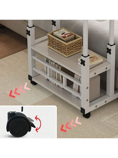 White/Multifunctional Desk On Wheels - Height-Adjustable Rolling Desk With Storage Shelves, Space-Saving Wood And Metal Frame, Compact Fiberboard Desktop For Home Office, Bedroom, Living Room, Sofa, Study