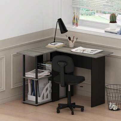 L-Shape Desk With Bookshelf, 41.14 (W) X 28.94 (H) X 34.45 (D) Inches White/White