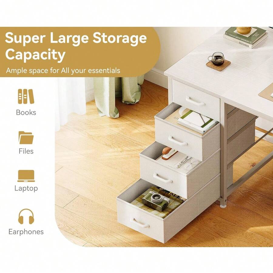 48 Inch White Computer Desk With 8 Fabric Drawers, Modern Office Desk With Large Storage For Home Office, Study, Gaming, White
