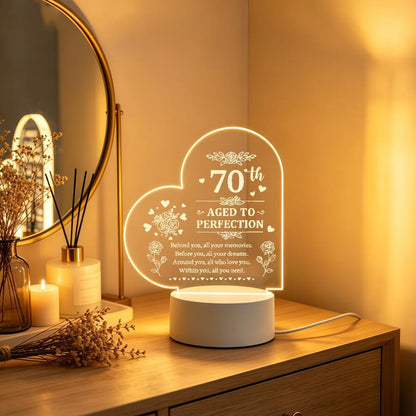 Heart Shaped Acrylic LED Night Light, Laser Engraved 70th Aged To Perfection Floral Quote USB Warm Table Lamp, Bedroom Desktop Decor Lamp, Sentimental 70th Birthday Gift For Women Men, 12cm