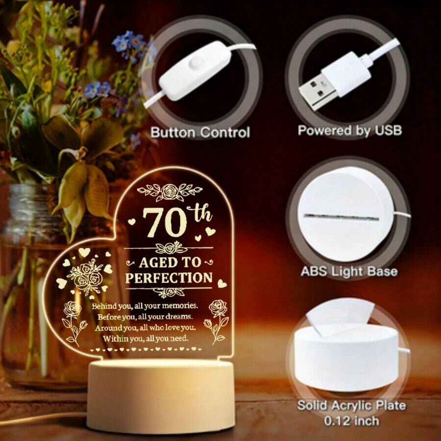 Heart Shaped Acrylic LED Night Light, Laser Engraved 70th Aged To Perfection Floral Quote USB Warm Table Lamp, Bedroom Desktop Decor Lamp, Sentimental 70th Birthday Gift For Women Men, 12cm