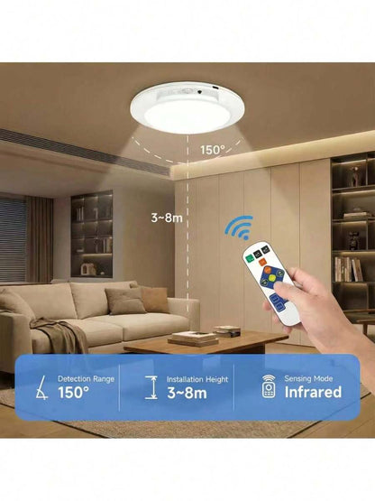 USB Powered LED Motion Ceiling Lamp Glows Softly At Footsteps, Fully Tunable By Remote. Three Light Hues Emit Misty Gentle Radiance, Wrapping Bedrooms, Closets And Hallways In Calm Night Vibes Without Messy Wiring.