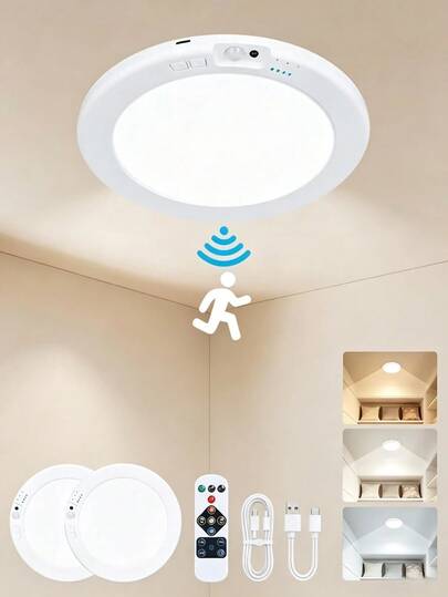 USB Powered LED Motion Ceiling Lamp Glows Softly At Footsteps, Fully Tunable By Remote. Three Light Hues Emit Misty Gentle Radiance, Wrapping Bedrooms, Closets And Hallways In Calm Night Vibes Without Messy Wiring.