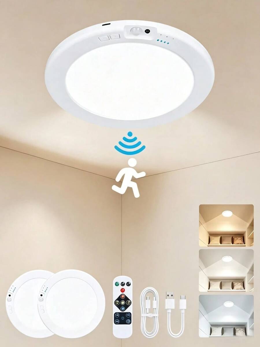 USB Powered LED Motion Ceiling Lamp Glows Softly At Footsteps, Fully Tunable By Remote. Three Light Hues Emit Misty Gentle Radiance, Wrapping Bedrooms, Closets And Hallways In Calm Night Vibes Without Messy Wiring.